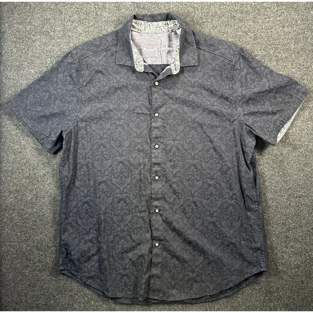 Robert Graham Mens XL Classic Fit Grey Damask Jacquard Short Sleeve Button Shirt